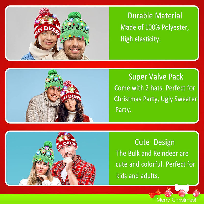 2 Pack Christmas LED Light-up Knitted Beanie Hat Colorful Flashing Holiday Xmas Christmas Party Supplies(One Size Fits More)