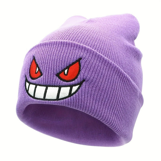 Anime Devil Embroidered Beanies Solid Color Trendy Knit Hats Lightweight Elastic Skull Cap Warm Ski Hats For Women & Men