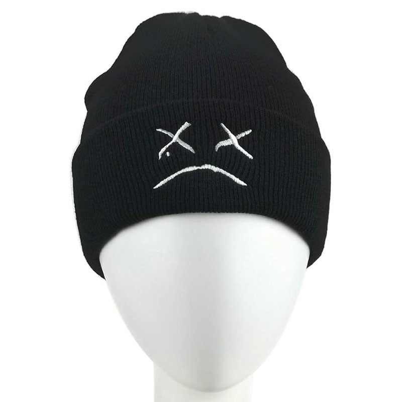 2 Pcs Sad Expression Embroidered Beanie Hat, Simple Cozy Warm Knit Hat, Letter Patch Knitted Y2k Beanie Cap, Punk Accessories for Men & Women