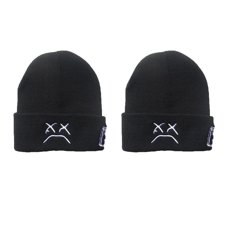 2 Pcs Sad Expression Embroidered Beanie Hat, Simple Cozy Warm Knit Hat, Letter Patch Knitted Y2k Beanie Cap, Punk Accessories for Men & Women