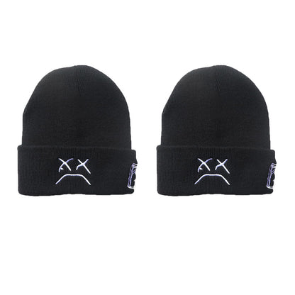 2 Pcs Sad Expression Embroidered Beanie Hat, Simple Cozy Warm Knit Hat, Letter Patch Knitted Y2k Beanie Cap, Punk Accessories for Men & Women