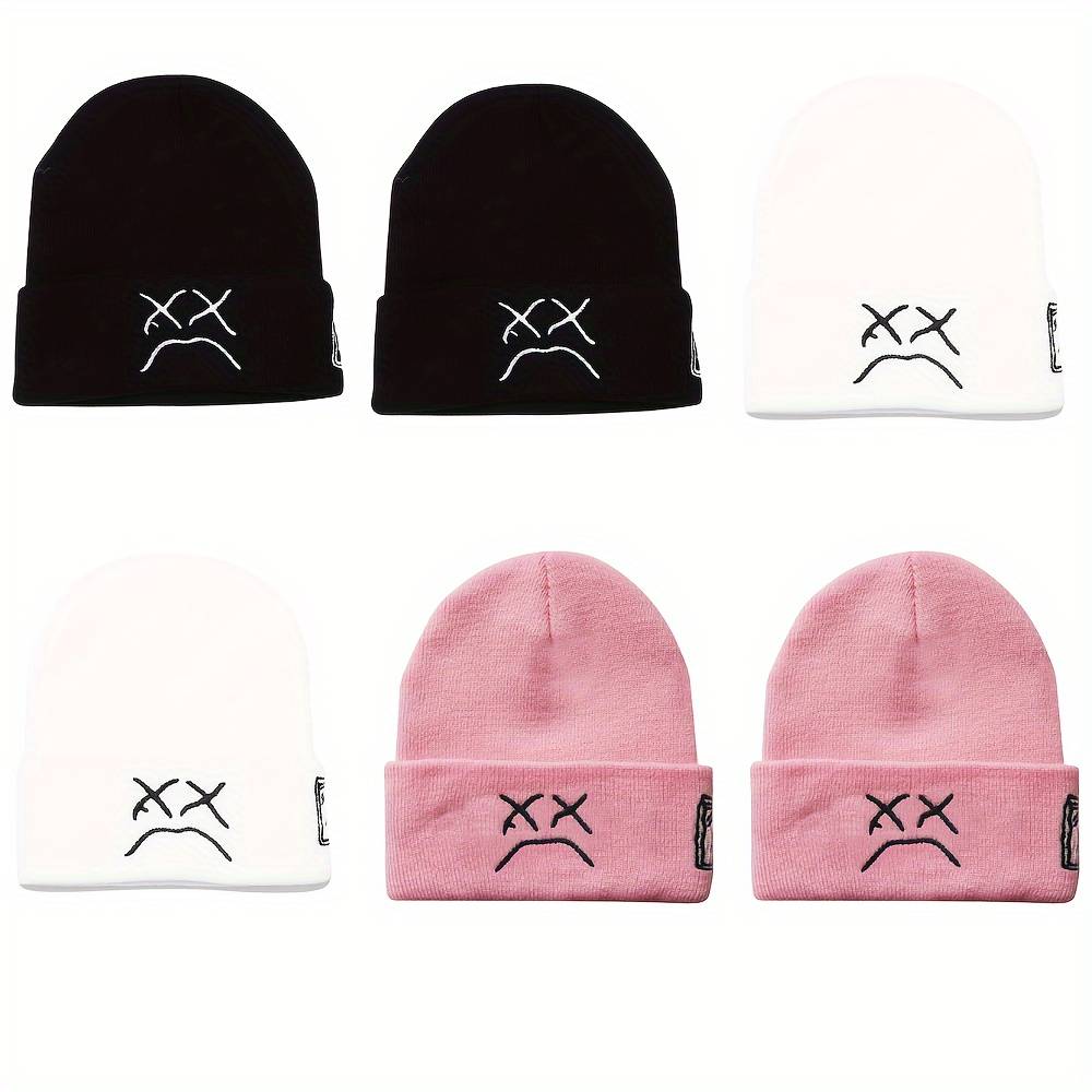 2 Pcs Sad Expression Embroidered Beanie Hat, Simple Cozy Warm Knit Hat, Letter Patch Knitted Y2k Beanie Cap, Punk Accessories for Men & Women