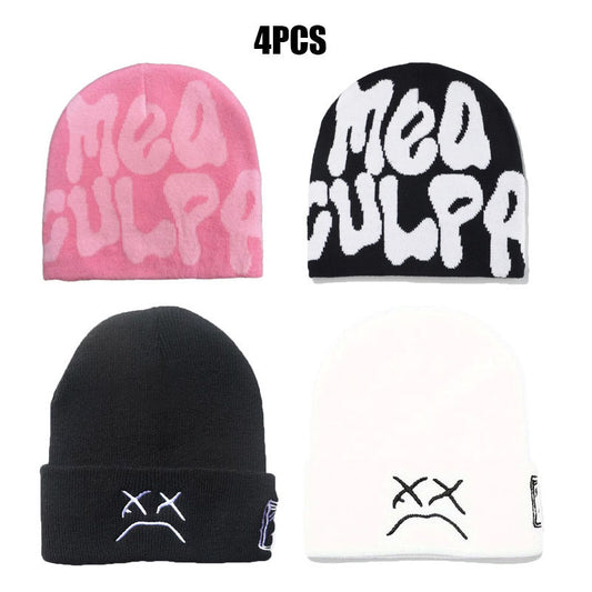 4 PCS Different Style of Y2k Hip Hop Beanies Hats for Men & Women, Simple Cozy Warm Knit Beanie, New Trendy Solid Color Knit Top Tier Hat, Streetwear Clothing Accessory