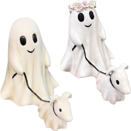 Ghost Walking Dog Statue, Ghost Walking His Ghost Dog, Halloween Ghost Dog Statues, Spooky Ghost Dog Halloween Figurine, Home Tabletop Decorations