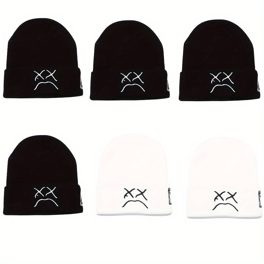 2 Pcs Sad Expression Embroidered Beanie Hat, Simple Cozy Warm Knit Hat, Letter Patch Knitted Y2k Beanie Cap, Punk Accessories for Men & Women