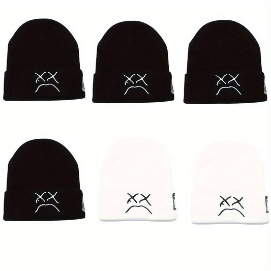 6 Pcs Sad Expression Embroidered Beanie Hat, Simple Cozy Warm Knit Hat, Letter Patch Knitted Y2k Beanie Cap, Punk Accessories for Men & Women