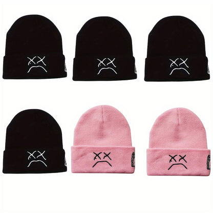 2 Pcs Sad Expression Embroidered Beanie Hat, Simple Cozy Warm Knit Hat, Letter Patch Knitted Y2k Beanie Cap, Punk Accessories for Men & Women