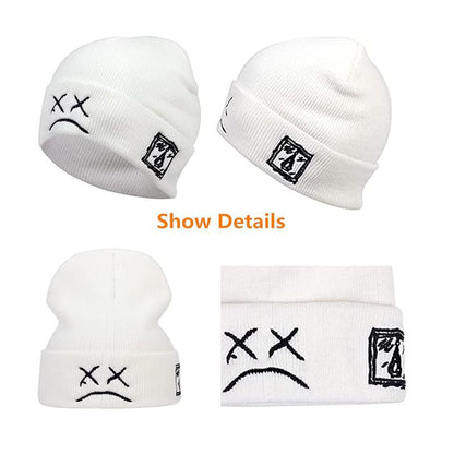 2 Pcs Sad Expression Embroidered Beanie Hat, Simple Cozy Warm Knit Hat, Letter Patch Knitted Y2k Beanie Cap, Punk Accessories for Men & Women