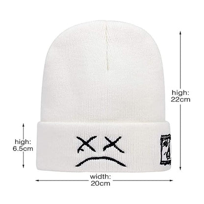 2 Pcs Sad Expression Embroidered Beanie Hat, Simple Cozy Warm Knit Hat, Letter Patch Knitted Y2k Beanie Cap, Punk Accessories for Men & Women