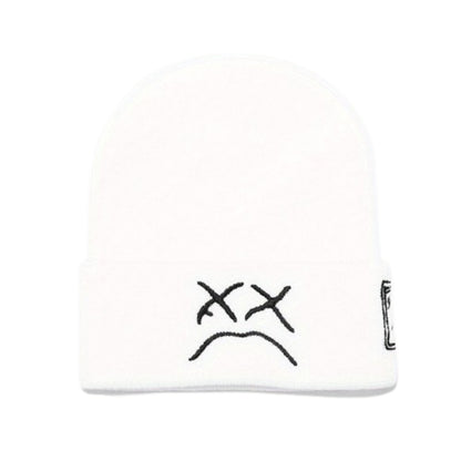 2 Pcs Sad Expression Embroidered Beanie Hat, Simple Cozy Warm Knit Hat, Letter Patch Knitted Y2k Beanie Cap, Punk Accessories for Men & Women