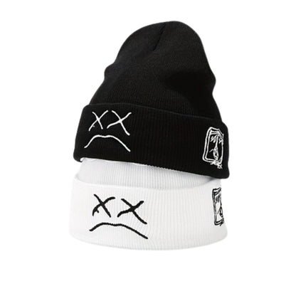 2 Pcs Sad Expression Embroidered Beanie Hat, Simple Cozy Warm Knit Hat, Letter Patch Knitted Y2k Beanie Cap, Punk Accessories for Men & Women