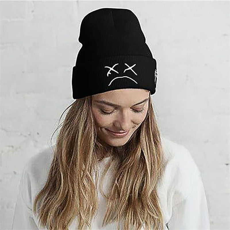 2 Pcs Sad Expression Embroidered Beanie Hat, Simple Cozy Warm Knit Hat, Letter Patch Knitted Y2k Beanie Cap, Punk Accessories for Men & Women