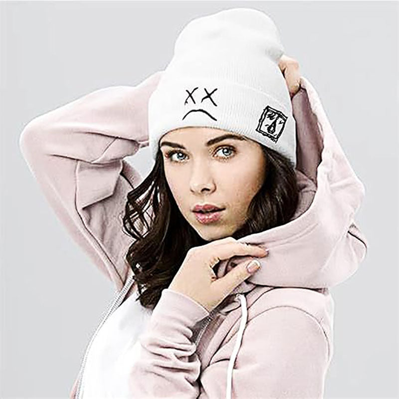 2 Pcs Sad Expression Embroidered Beanie Hat, Simple Cozy Warm Knit Hat, Letter Patch Knitted Y2k Beanie Cap, Punk Accessories for Men & Women