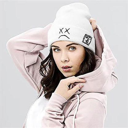 2 Pcs Sad Expression Embroidered Beanie Hat, Simple Cozy Warm Knit Hat, Letter Patch Knitted Y2k Beanie Cap, Punk Accessories for Men & Women