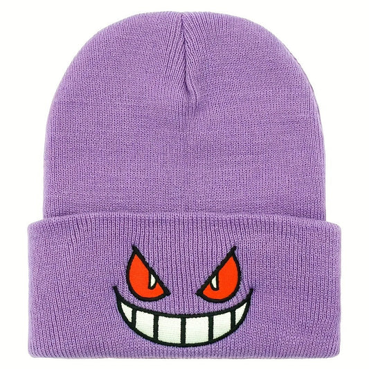 Anime Devil Embroidered Beanies Solid Color Trendy Knit Hats Party Hats Lightweight Elastic Skull Cap Warm Ski Hats For Women & Men