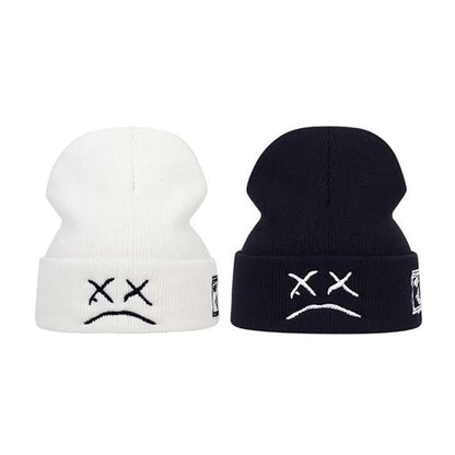 2 Pcs Sad Expression Embroidered Beanie Hat, Simple Cozy Warm Knit Hat, Letter Patch Knitted Y2k Beanie Cap, Punk Accessories for Men & Women