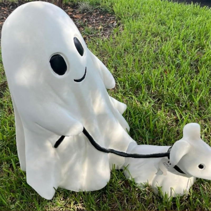 Ghost Walking Dog Statue, Ghost Walking His Ghost Dog, Halloween Ghost Dog Statues, Spooky Ghost Dog Halloween Figurine, Home Tabletop Decorations