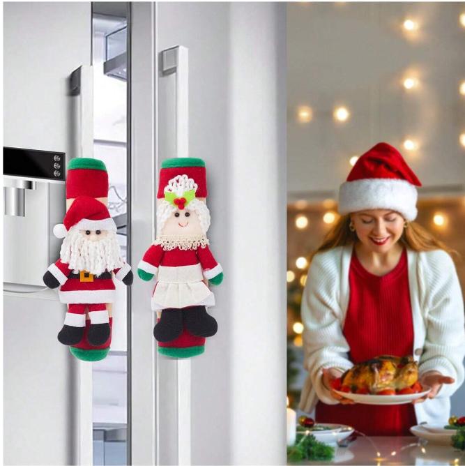 2 Pcs Christmas Refrigerator Door Handle Cover Santa Snowman Kitchen Appliance Handle Covers Decorations For Fridge Microwave Oven Dishwasher Christmas Handle Protector Seatbeltcover Cardecoration