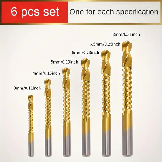 6pcs Titanium Twist 3 to 8mm Saw Drill Bit Set, High Speed Steel Pulling Carpenter Wood Metal Plastic Cutting Hole Sawtooth Twist Bits Groove Drills Tool