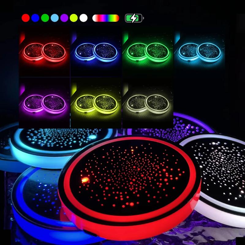 1PC/2PCS LED Cup Holder Lights for Car, Rechargeable 7 Color-Changing Light Up Cup Holder Insert Coasters, Car Accessories for Teens