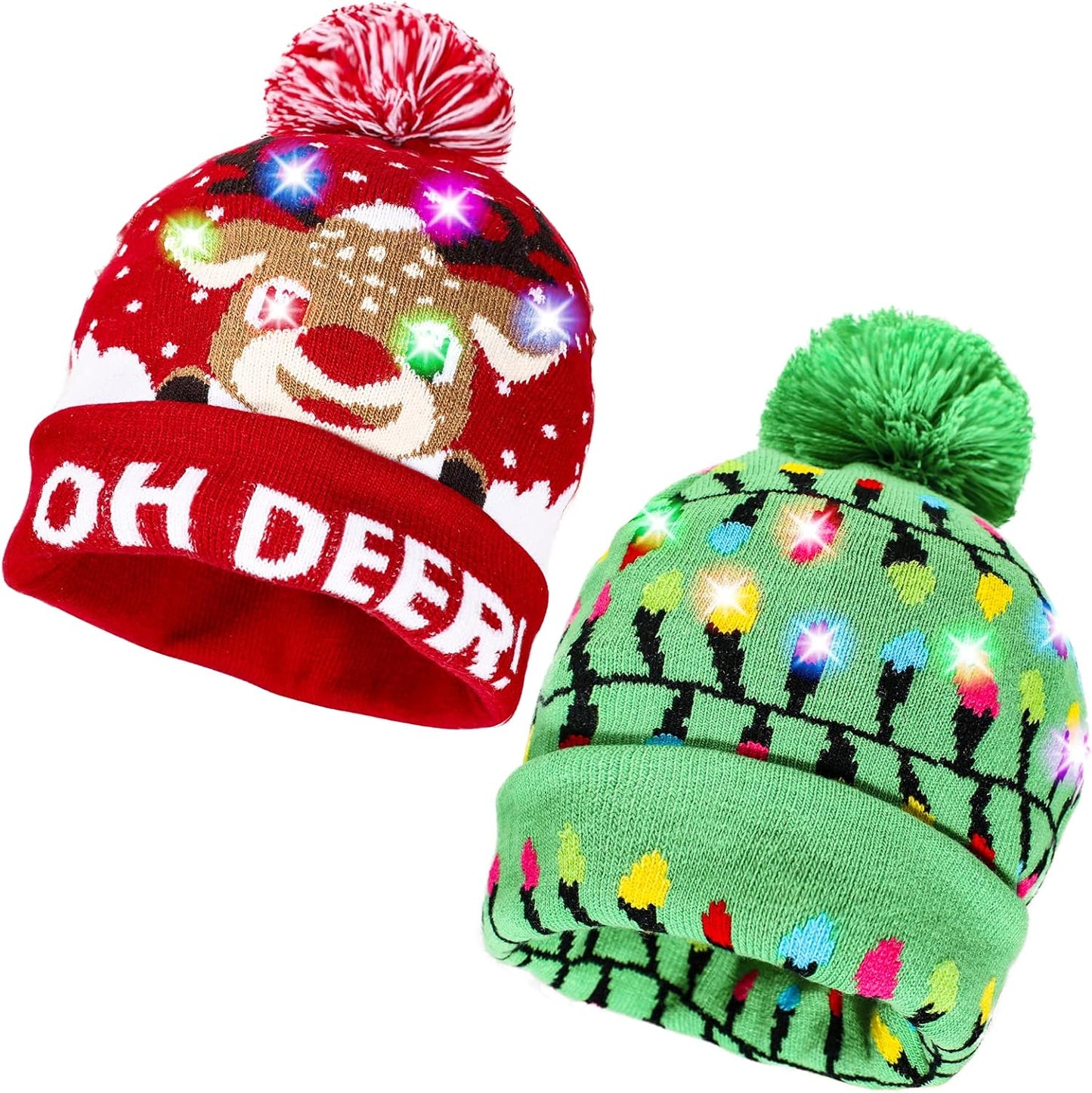 2 Pack Christmas LED Light-up Knitted Beanie Hat Colorful Flashing Holiday Xmas Christmas Party Supplies(One Size Fits More)