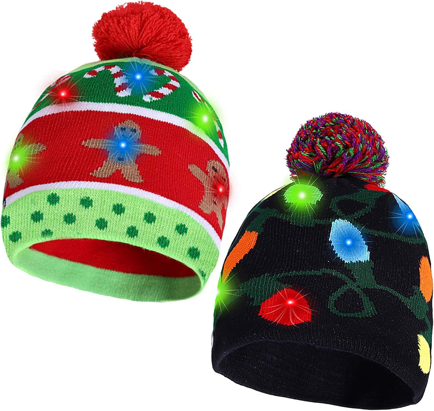 2 Pack Christmas LED Light-up Knitted Beanie Hat Colorful Flashing Holiday Xmas Christmas Party Supplies(One Size Fits More)