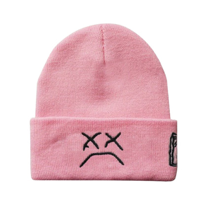 2 Pcs Sad Expression Embroidered Beanie Hat, Simple Cozy Warm Knit Hat, Letter Patch Knitted Y2k Beanie Cap, Punk Accessories for Men & Women