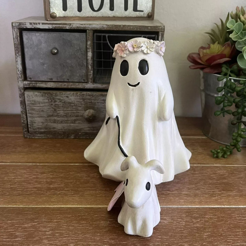 Ghost Walking Dog Statue, Ghost Walking His Ghost Dog, Halloween Ghost Dog Statues, Spooky Ghost Dog Halloween Figurine, Home Tabletop Decorations