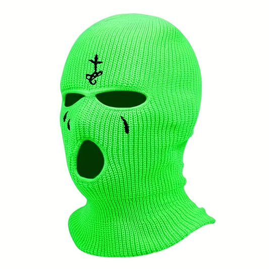 TIKSHORTS 1pc Fashion Embroidered Knitted Ski Mask Winter Balaclava 3 Hole Knitted Ski Neck Warmer Warm Knitted Hat