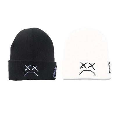 2 Pcs Sad Expression Embroidered Beanie Hat, Simple Cozy Warm Knit Hat, Letter Patch Knitted Y2k Beanie Cap, Punk Accessories for Men & Women