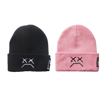 2 Pcs Sad Expression Embroidered Beanie Hat, Simple Cozy Warm Knit Hat, Letter Patch Knitted Y2k Beanie Cap, Punk Accessories for Men & Women