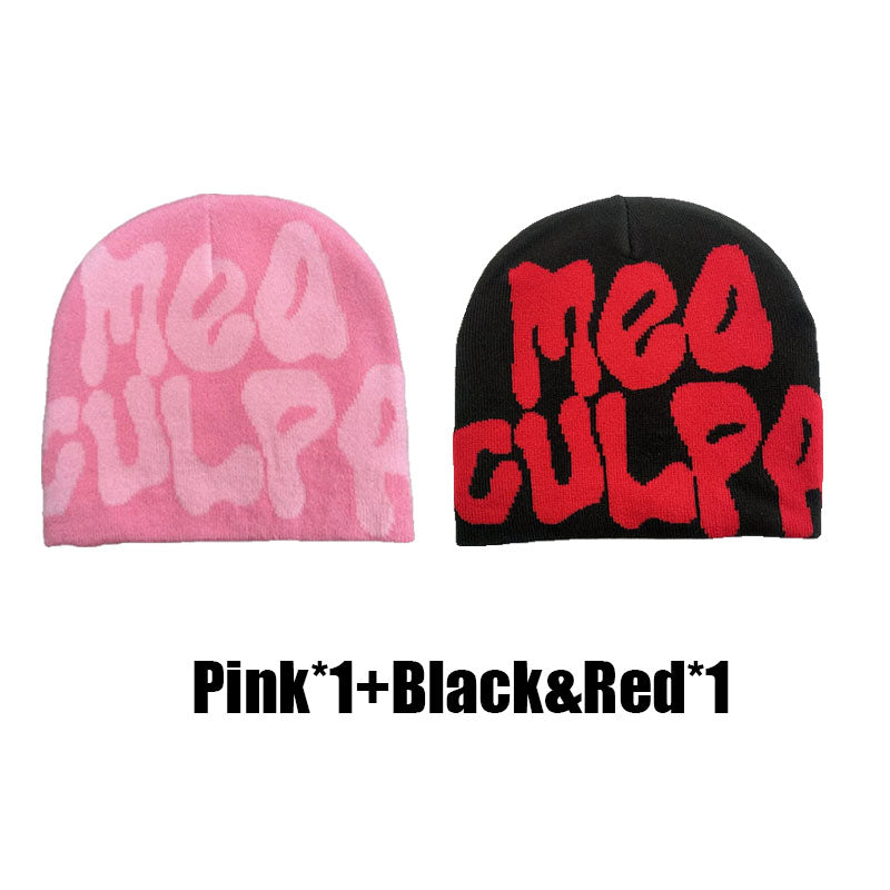 2 Pcs Mea Culpa Y2K Beanies Hat As Gift for Couple, Letters Graphic Beanie Hat for Men & Women, Warm Hippie Accessories for Boyfriend & Girlfriend