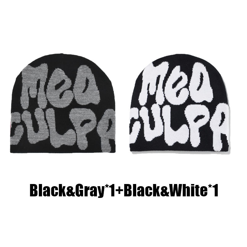 2 Pcs Mea Culpa Y2K Beanies Hat As Gift for Couple, Letters Graphic Beanie Hat for Men & Women, Warm Hippie Accessories for Boyfriend & Girlfriend