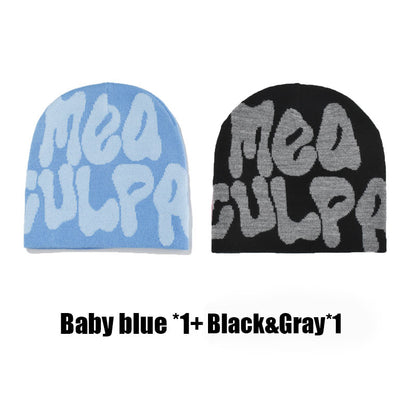 2 Pcs Mea Culpa Y2K Beanies Hat As Gift for Couple, Letters Graphic Beanie Hat for Men & Women, Warm Hippie Accessories for Boyfriend & Girlfriend