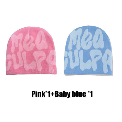 2 Pcs Mea Culpa Y2K Beanies Hat As Gift for Couple, Letters Graphic Beanie Hat for Men & Women, Warm Hippie Accessories for Boyfriend & Girlfriend