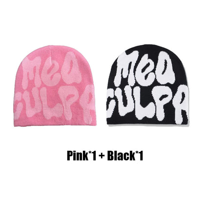 2 Pcs Mea Culpa Y2K Beanies Hat As Gift for Couple, Letters Graphic Beanie Hat for Men & Women, Warm Hippie Accessories for Boyfriend & Girlfriend