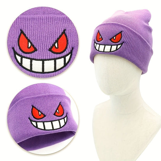 Anime Devil Embroidered Beanies Solid Color Trendy Knit Hats Party Hats Lightweight Elastic Skull Cap Warm Ski Hats For Women & Men