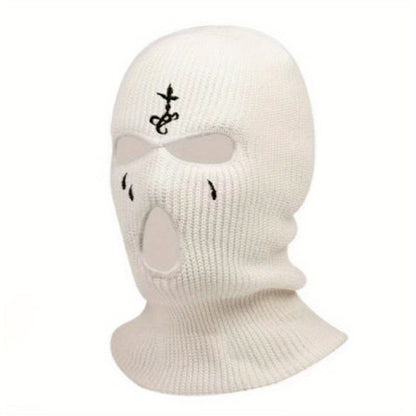 1pc Fashion Embroidered Knitted Ski Mask Winter Balaclava 3 Hole Knitted Ski Neck Warmer Warm Knitted Hat