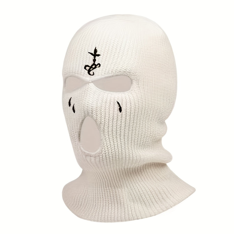 1pc Fashion Embroidered Knitted Ski Mask Winter Balaclava 3 Hole Knitted Ski Neck Warmer Warm Knitted Hat