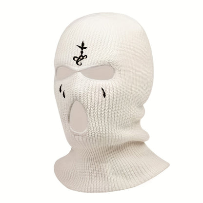 1pc Fashion Embroidered Knitted Ski Mask Winter Balaclava 3 Hole Knitted Ski Neck Warmer Warm Knitted Hat