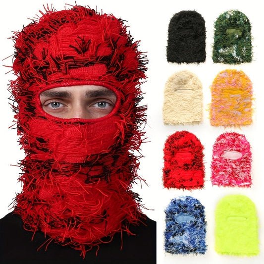 TIKSHORTS Solid Color Distressed Balaclava Mask, Full Face Cover Windproof Thermal Ski Mask, Outdoor Halloween Style Knit Headgear