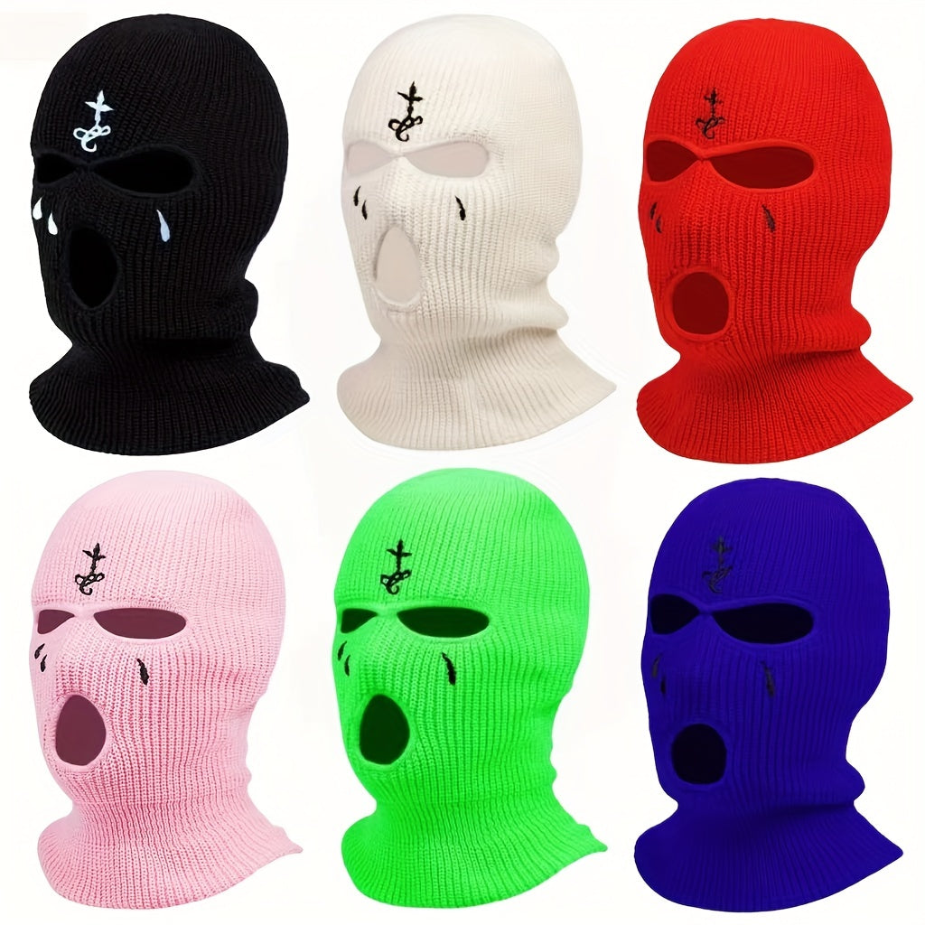 1pc Fashion Embroidered Knitted Ski Mask Winter Balaclava 3 Hole Knitted Ski Neck Warmer Warm Knitted Hat