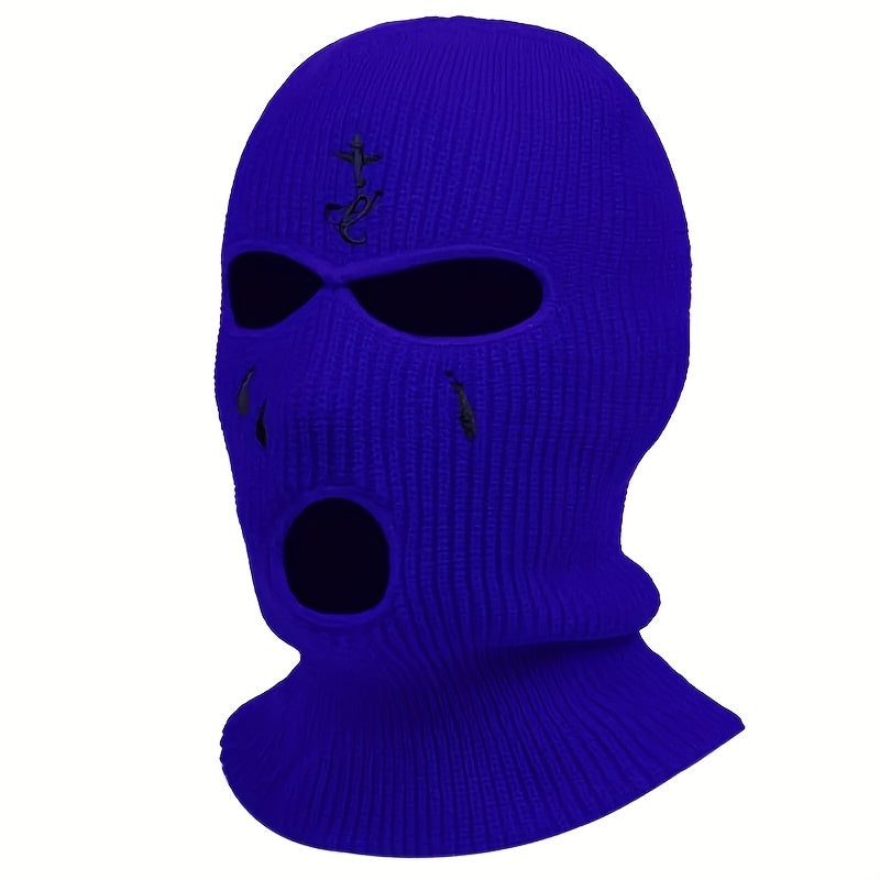 1pc Fashion Embroidered Knitted Ski Mask Winter Balaclava 3 Hole Knitted Ski Neck Warmer Warm Knitted Hat