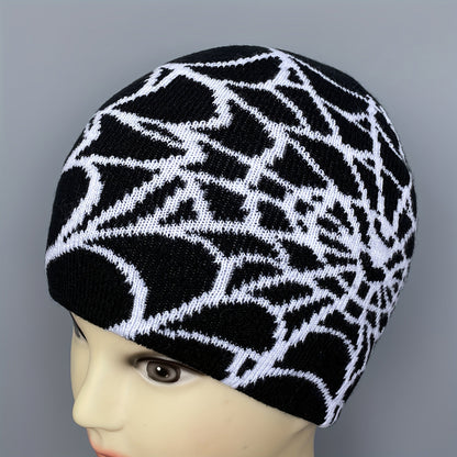 1pc Unisex Plain Color Slouchy Knitted Beanie Hat With Spider Web Embroidery For Autumn And Winter